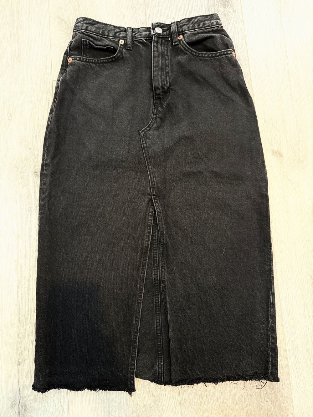 Mango Anais 100% Cotton Black Denim Midi Skirt with Front Slit & Raw Hem